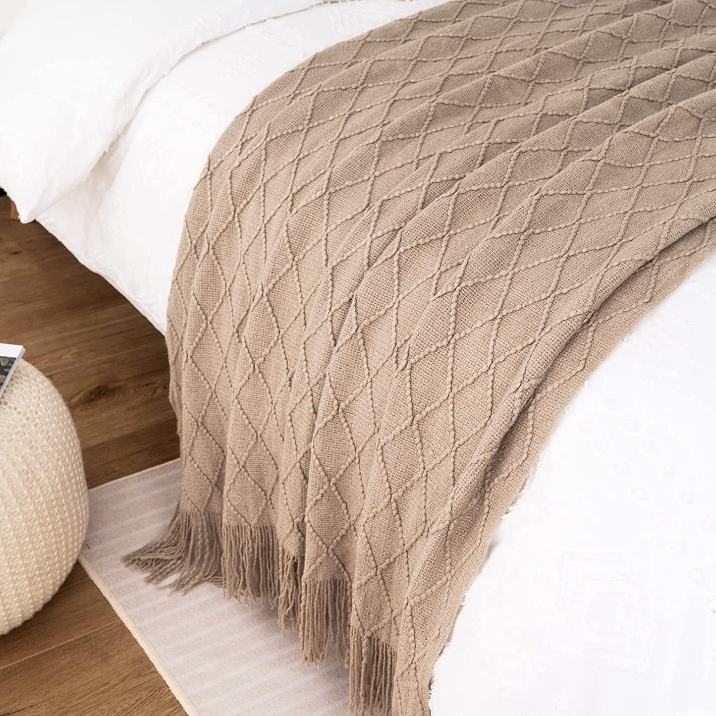 Khaki Throw Blanket for Couch, Boho Bed Tan Throws, Spring Decorative Taupe Throw for Sofa Foot of Bed, 50"X60"