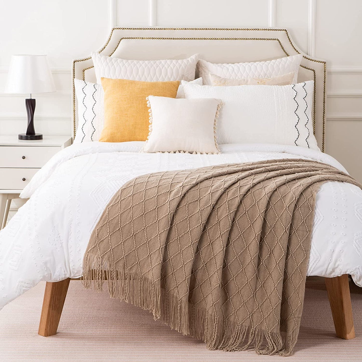 Khaki Throw Blanket for Couch, Boho Bed Tan Throws, Spring Decorative Taupe Throw for Sofa Foot of Bed, 50"X60"