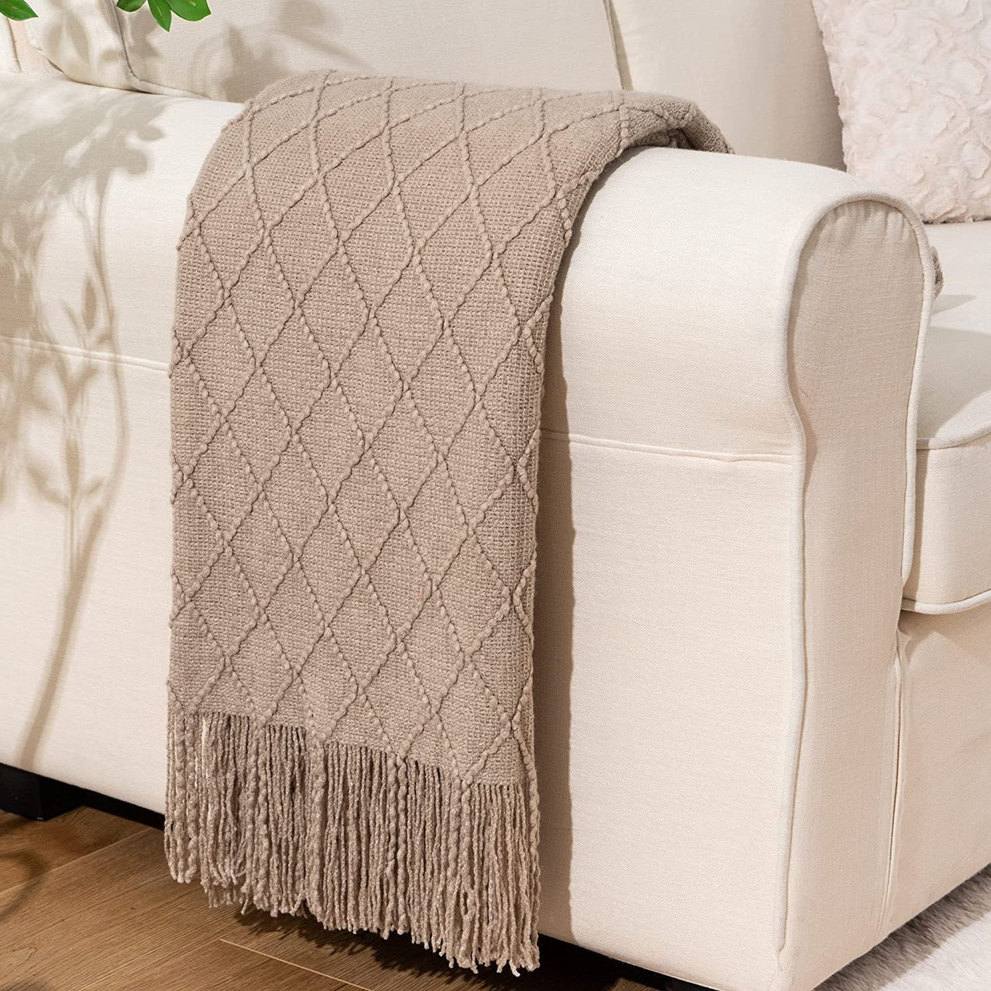 Khaki Throw Blanket for Couch, Boho Bed Tan Throws, Spring Decorative Taupe Throw for Sofa Foot of Bed, 50"X60"