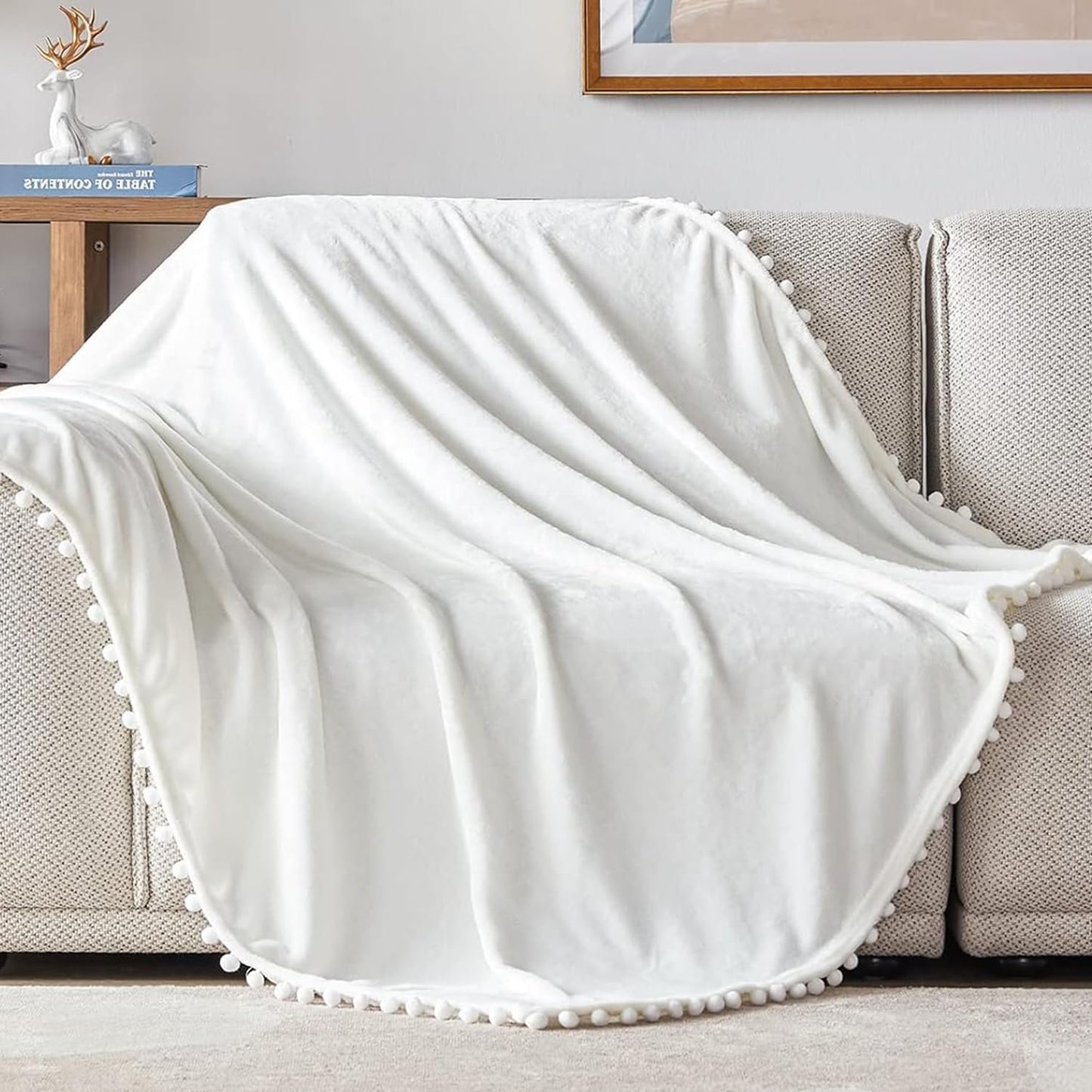 Fleece Throw Blanket with Pompom Fringe, White Flannel Blankets and Throws for Couch, Super Soft Cozy Lightweight Plush Throw Blanket (50" X 60")