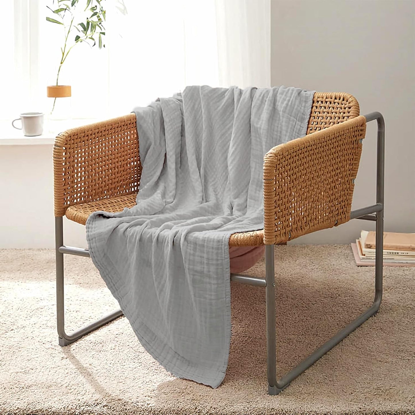 100% Organic Cotton 55"X60" Muslin Throw Blankets for Couch, Adult, Hand-Plant Dyed Breathable Soft Cozy Lightweight Gauze Blanket, All Season (Cool Light Grey)