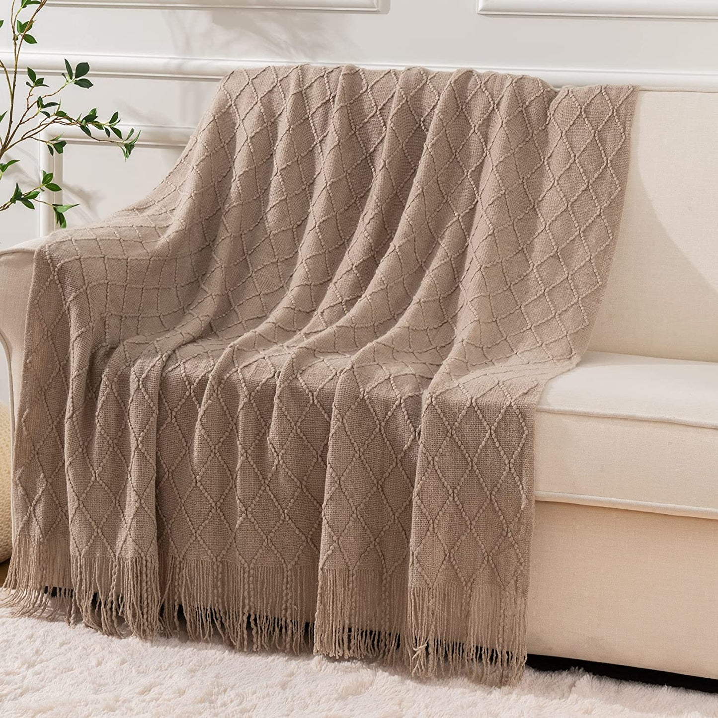 Khaki Throw Blanket for Couch, Boho Bed Tan Throws, Spring Decorative Taupe Throw for Sofa Foot of Bed, 50"X60"