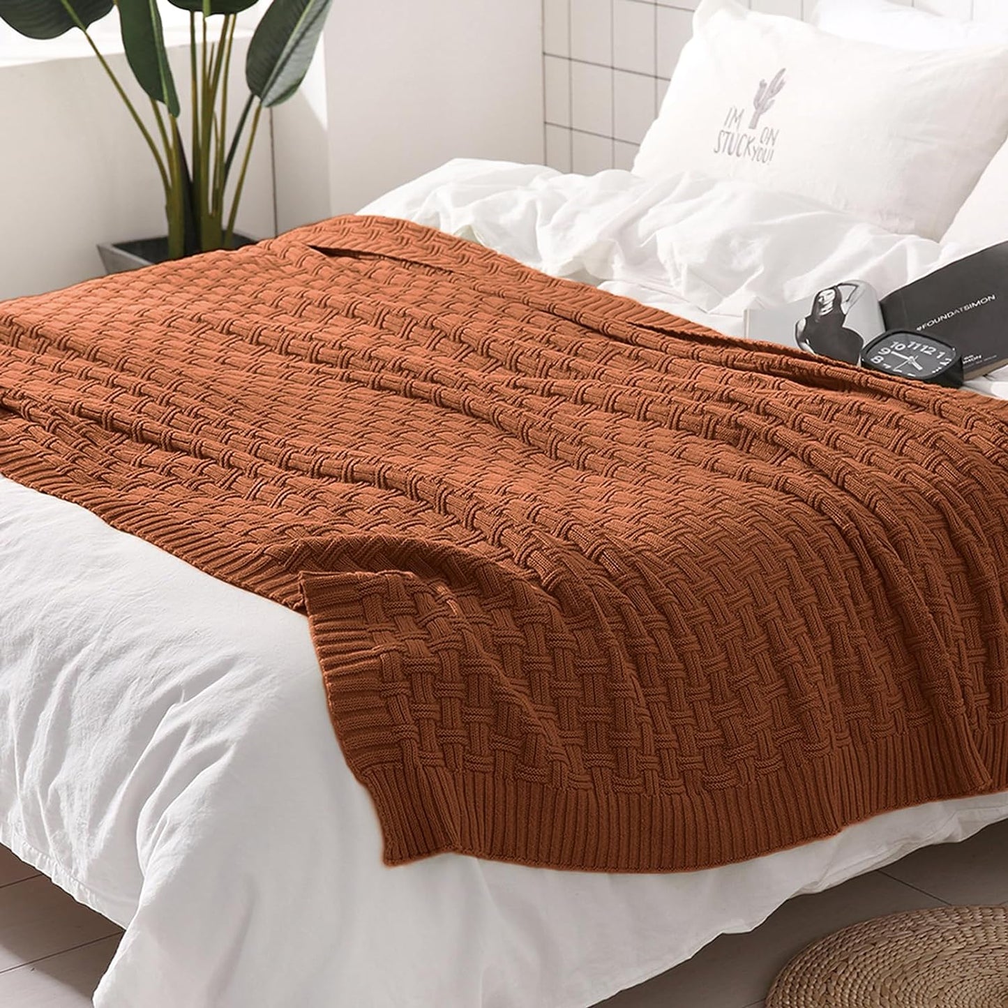 100% Cotton Knitted Throw Blanket Couch Cover Blanket(50 X 60 Inches, Brown)