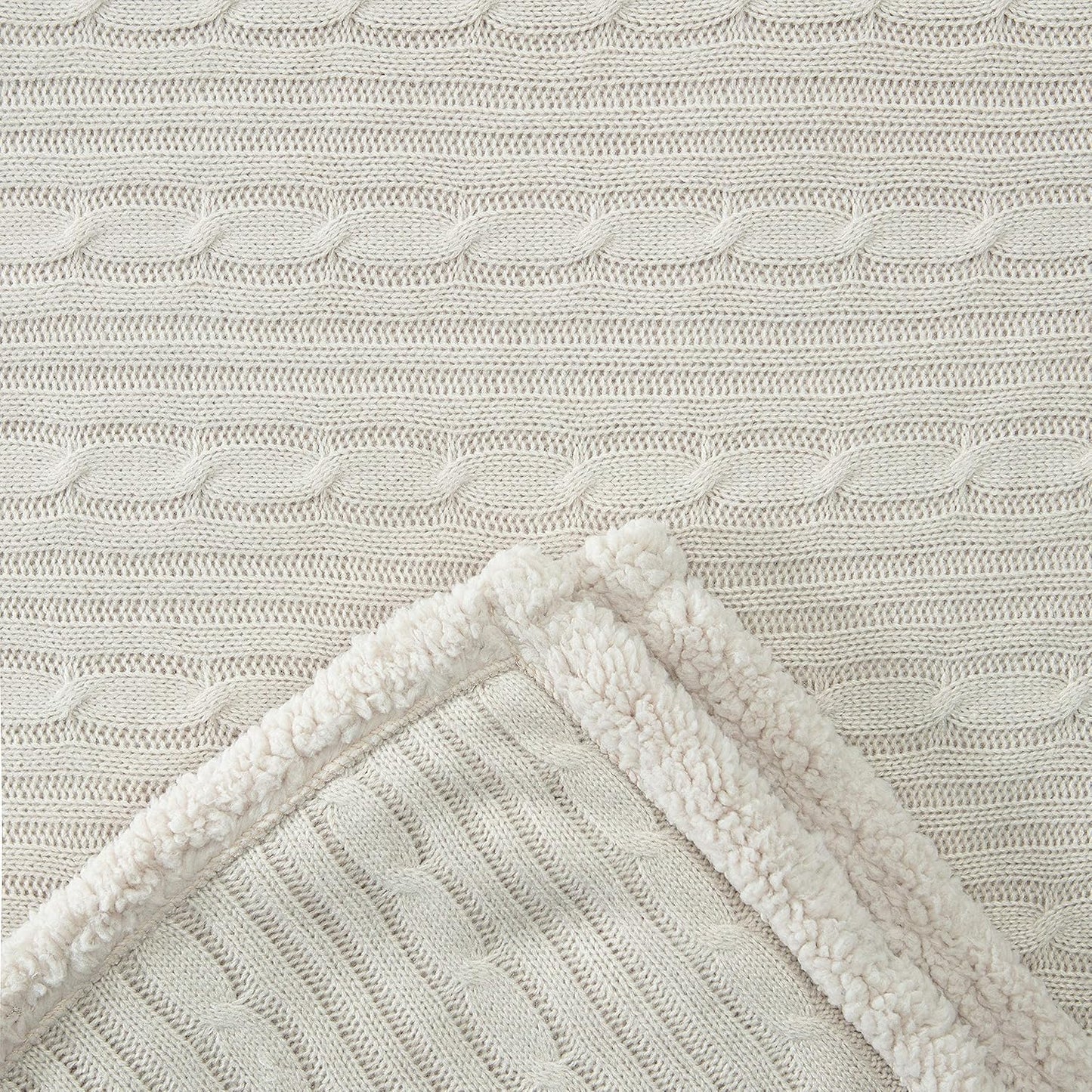 Premium Cable Knit Throw Blanket - Soft and Cozy Throw Blanket with Plush Sherpa Side - 50" X 65” - Beige