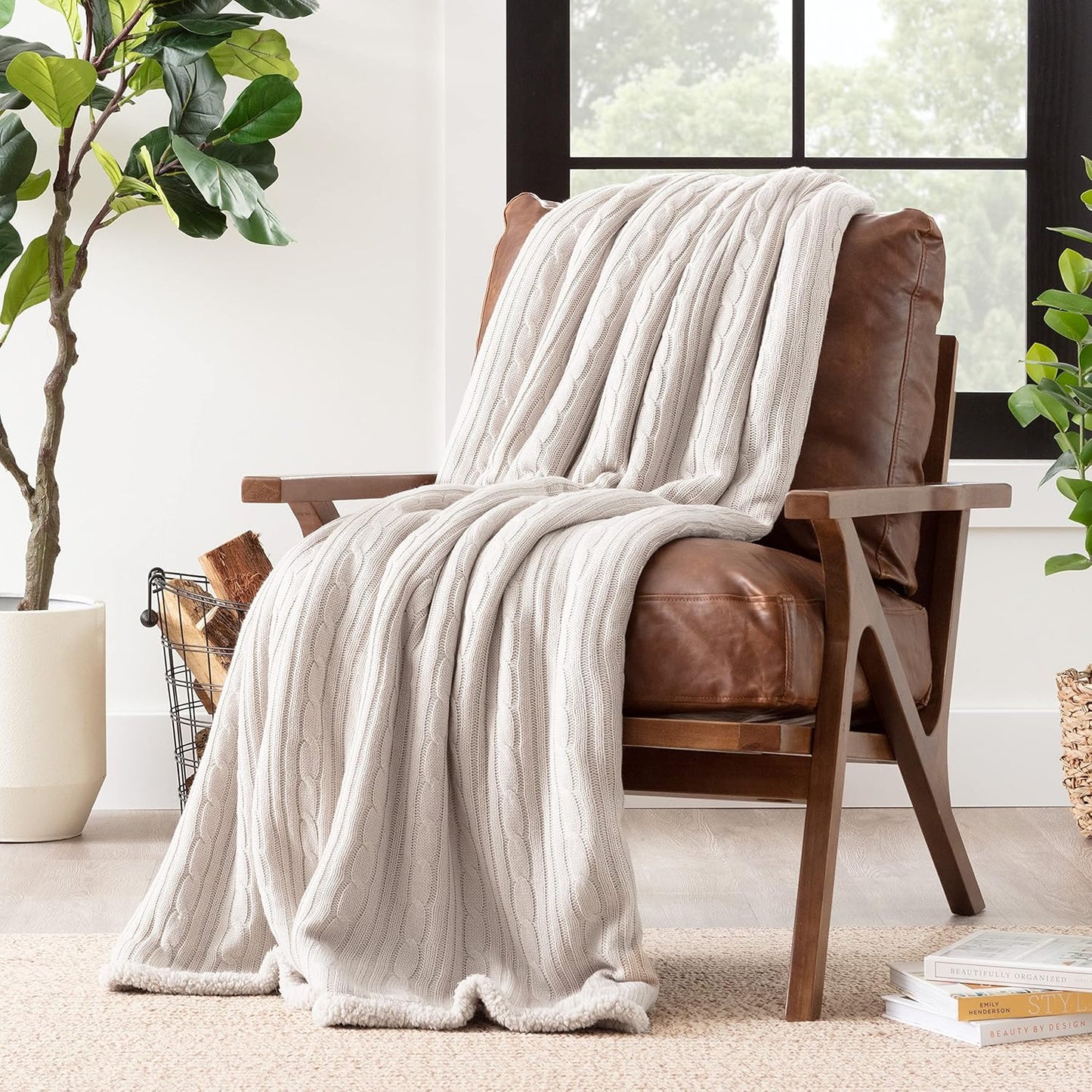 Premium Cable Knit Throw Blanket - Soft and Cozy Throw Blanket with Plush Sherpa Side - 50" X 65” - Beige