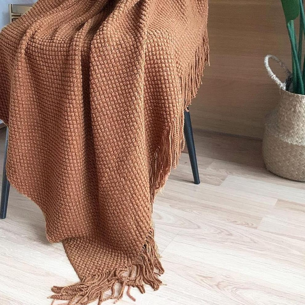 Knitted Throw Blanket with Tassels Bubble Textured Lightweight Throws for Couch Cover Home Decor (Caramel, 50X60)