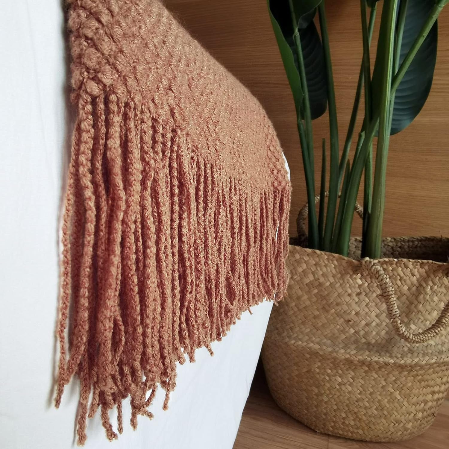 Knitted Throw Blanket with Tassels Bubble Textured Lightweight Throws for Couch Cover Home Decor (Caramel, 50X60)