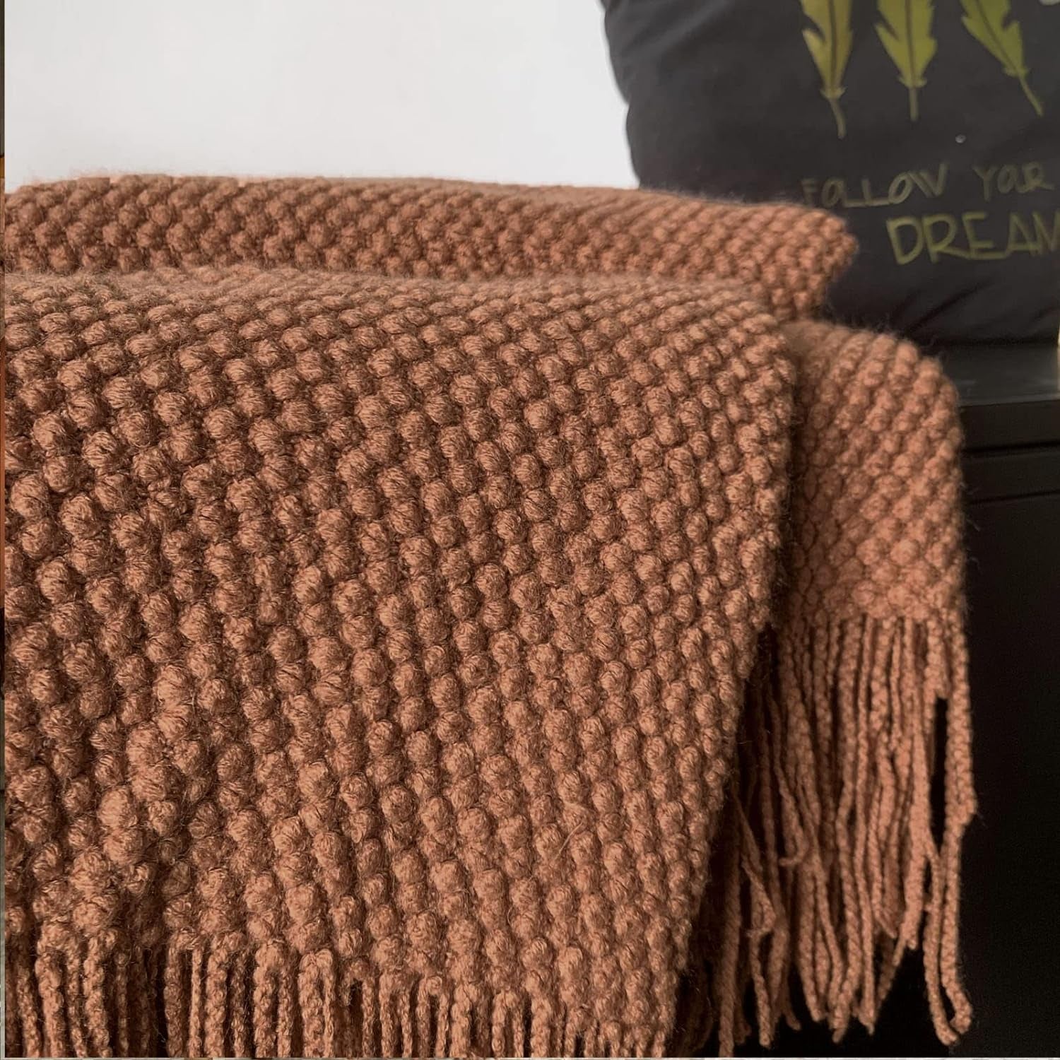 Knitted Throw Blanket with Tassels Bubble Textured Lightweight Throws for Couch Cover Home Decor (Caramel, 50X60)